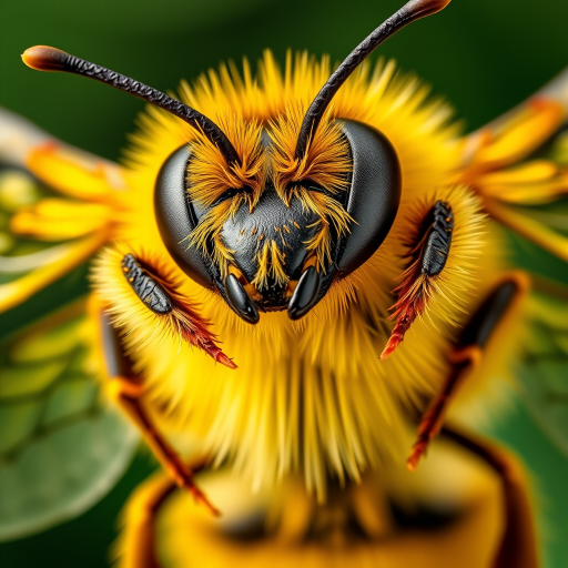 Create a highly detailed close-up illustration of a vibrant yellow bee with intricate wing patterns, taken with a DSLR camera at f/2.8 aperture, 50mm lens, in natural light, using a macro photography style for enhanced clarity and depth.