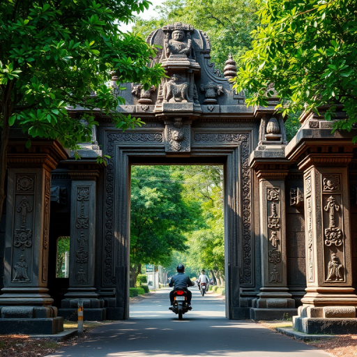 Regenerate a high-resolution image of ancient stone temple gates with intricate carvings surrounded by lush green trees, captured with a Canon EOS 5D Mark IV, 24mm lens, aperture f/8, ISO 100, 1/250 sec shutter speed, in natural light, showing a clear view of a motorbike passing through the archway.
