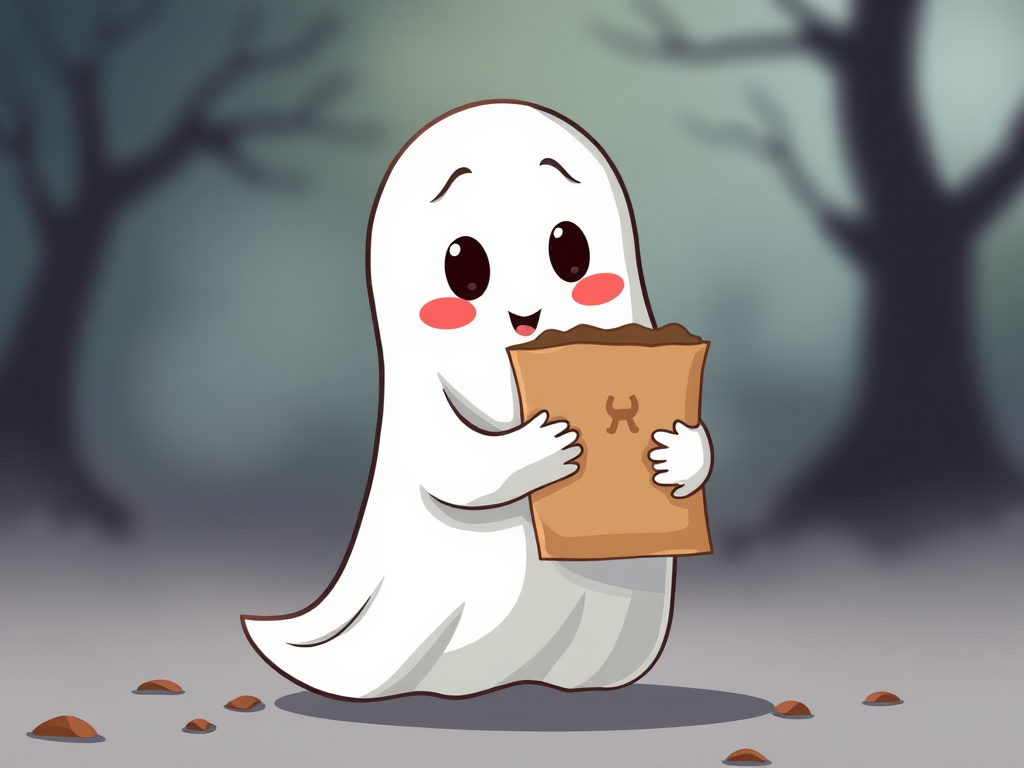 Create a cartoon-style illustration of a cute ghost holding a brown paper bag in a whimsical manner, captured with a DSLR camera at f/2.8, ISO 100, and a 50mm lens, with a soft focus background to enhance the subject.