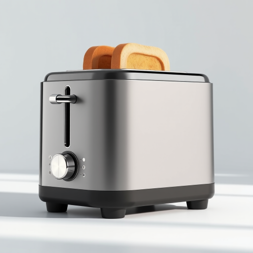 Create a detailed 3D render of a modern toaster with a sleek design and smooth finish, using a DSLR camera at f/5.6 aperture, ISO 100, 50mm lens, standard view, lit with soft natural light to enhance texture and reflections.