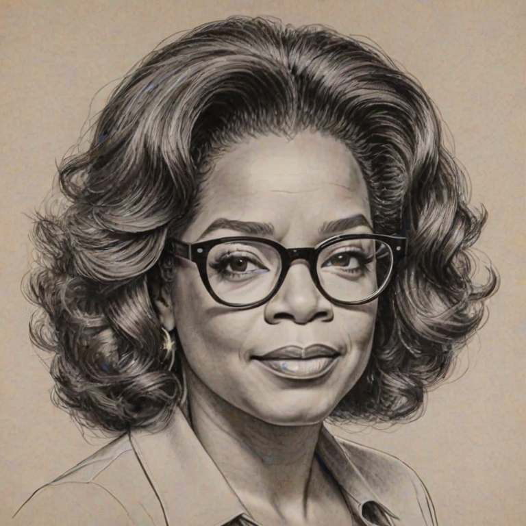 Magnificent Oprah Winfrey, pencil sketch, portrait of Captivating woman 1976s in glasses, hair style beatnik, outline, clear lines, fine lines, 8k