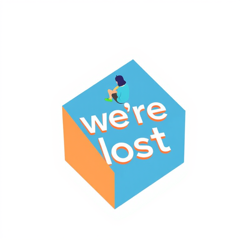 Create an illustration of a person sitting on the edge of a 3D box with the text "we're lost" integrated into the design, using a vibrant color palette, in a minimalist style, with a top-down view, digital art, high resolution, and camera settings at ISO 100, aperture f/8, and shutter speed 1/125s.
