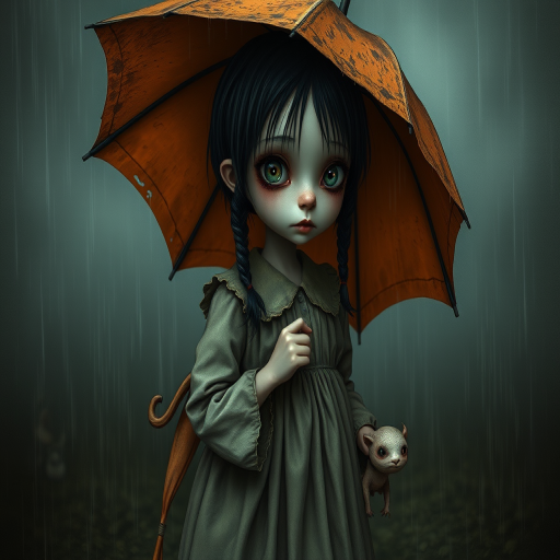 An eerie, weird little girl with dark hair in thin pigtails, wearing a smock dress, standing in the rain, holding a dirty orange umbrella, a small, odd creature beside her. In a surreal style inspired by Nicoletta Ceccoli and Brian Froud. Dark fantasy themes