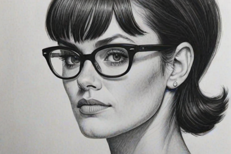 Attractive Frankie Shaw, pencil sketch, portrait of Delightful woman 1966s in glasses, hair style beatnik, outline, clear lines, fine lines, 8k