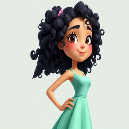 Create a vibrant cartoon-style illustration of a girl with curly black hair wearing a mint green dress, standing confidently with one hand on her hip, 3D rendering, soft lighting, high resolution, Canon EOS 5D Mark IV, 50mm f/1.8 lens, aperture f/4, ISO 200.