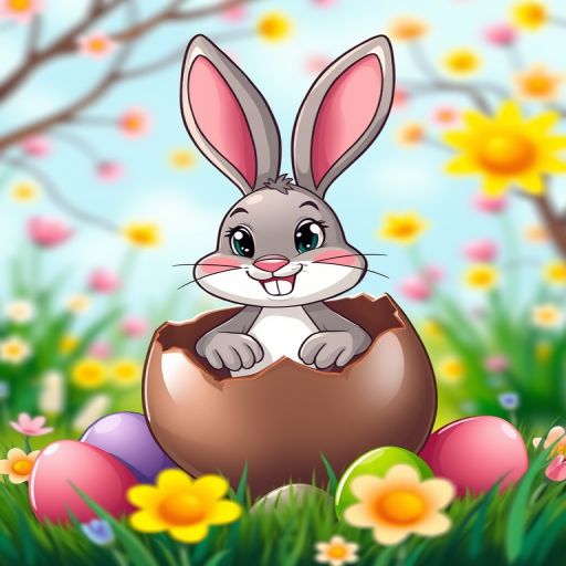 create a vibrant cartoon-style illustration of a cheerful bunny emerging from a cracked chocolate egg, set against a colorful spring background, using a digital camera with a 50mm lens, aperture f/2.8, ISO 100, and a focus on bright, playful colors and smooth textures to enhance image quality.