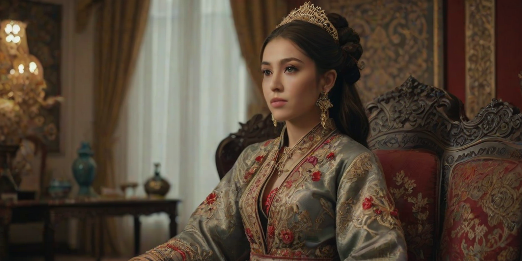 A beautiful Turkish woman in traditional East Asian attire, intricately detailed with embroidered patterns, sitting gracefully in a richly decorated room, soft ambient lighting, serene and elegant, ultra-realistic, 8K resolution