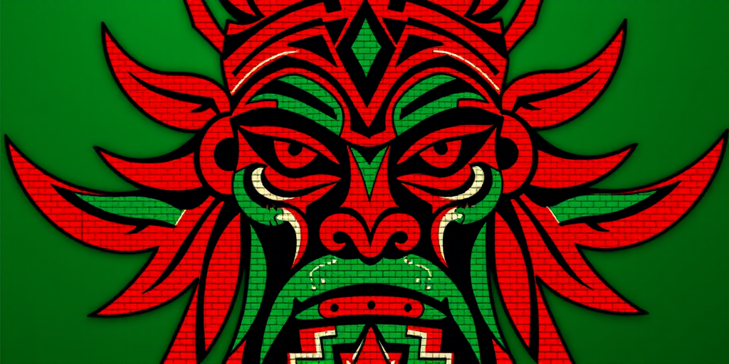 Create a high-resolution pixel art image of a stylized tribal figure featuring red and green colors, with a focus on geometric patterns and symmetrical design, captured using a DSLR camera at f/8 aperture, 1/60 shutter speed, ISO 100, with a macro lens for detailed texture and vibrant colors.