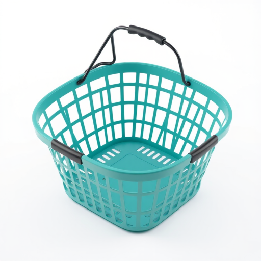 Create a high-resolution 3D rendering of a teal shopping basket with a black handle, using a Canon EOS R5 camera with a 50mm f/1.2 lens, aperture set to f/8, ISO 100, and a slightly angled top-down view to enhance depth and detail.