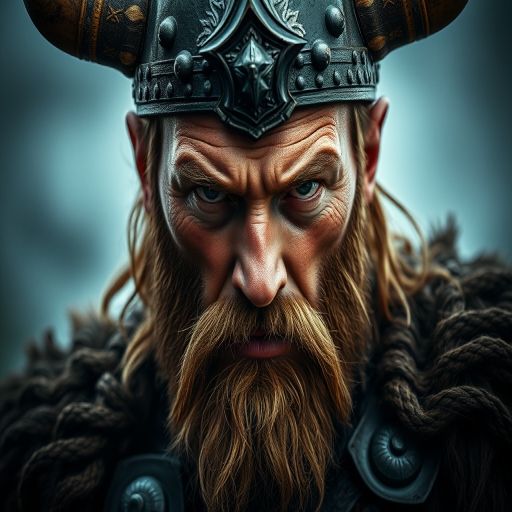 Regenerate a powerful Viking warrior portrait with dramatic lighting, close-up view, shot with a DSLR camera at f/1.8 aperture, ISO 100, and 50mm lens to enhance detail and texture, showcasing intricate armor and fierce expression against a misty background.