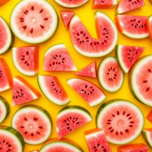 Create a vibrant seamless pattern of sliced watermelons arranged in rows, with a bright yellow background, using a Canon EOS 5D Mark IV, f/8 aperture, ISO 100, 50mm lens, shallow depth of field for enhanced clarity and color saturation.