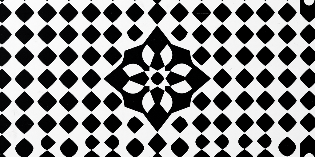 Create a high-resolution black and white geometric pattern featuring diamonds and circles, with a symmetrical arrangement, captured with a DSLR camera at f/8 aperture, ISO 100, 50mm lens, from a top-down view to enhance clarity and detail.