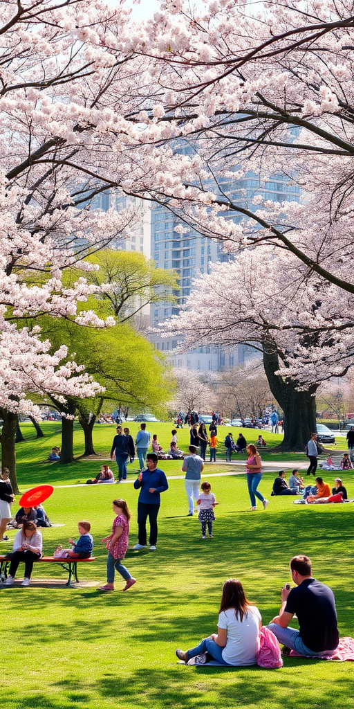 Bustling city park during spring, with families enjoying picnics, children playing frisbee, and cherry blossoms in full bloom, creating a lively atmosphere.