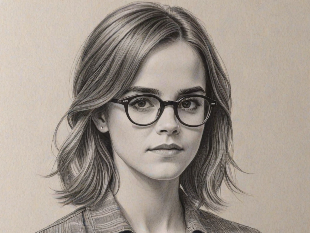 Fascinating Emma Watson, pencil sketch, portrait of Comely woman 1962s in glasses, hair style beatnik, outline, clear lines, fine lines, 8k