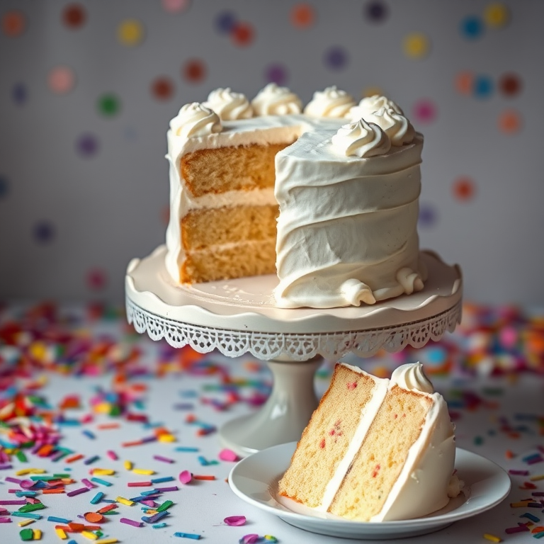 A beautifully frosted white cake on a decorative cake stand with a slice cut out revealing its soft interior and a piece of cake on a plate beside it surrounded by a colorful confetti-like background.