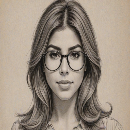 Alluring Daniella Monet, pencil sketch, portrait of Splendid woman 1972s in glasses, hair style beatnik, outline, clear lines, fine lines, 8k