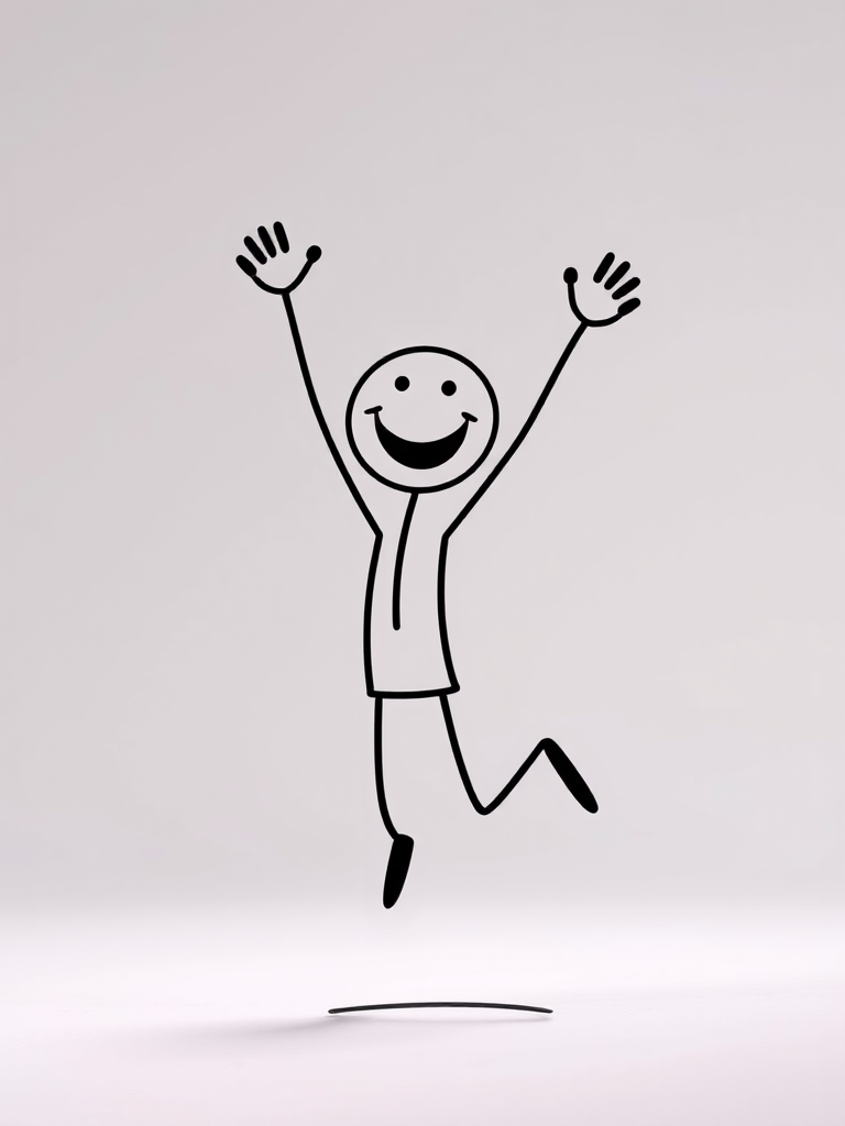 Create a vibrant, animated stick figure with a joyful expression, jumping with arms raised, using a Canon EOS R5 camera, 50mm f/1.2 lens, at f/1.8 aperture, ISO 100, 1/200 sec shutter speed, in a bright studio setting with soft lighting to enhance colors and smooth gradients.