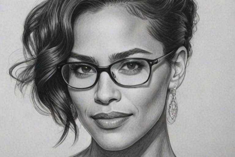 Captivating Paula Patton, pencil sketch, portrait of Gorgeous woman 1921s in glasses, hair style beatnik, outline, clear lines, fine lines, 8k