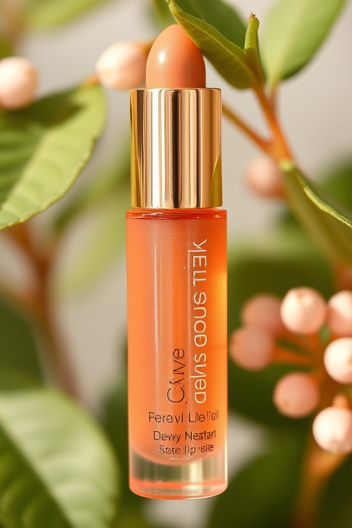 Sheer peach lip oil "Dewy Nectar" with a natural flush and subtle golden sheen, perfect for everyday wear and no-makeup looks, moisturizing and lightweight feel