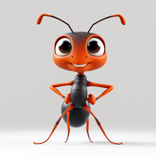 Create a high-resolution 3D rendering of a cartoon-style ant character with large expressive eyes, standing confidently with hands on hips, shot from a low angle using a DSLR camera at f/2.8 aperture, 50mm lens, and natural lighting for a vivid and dynamic appearance.