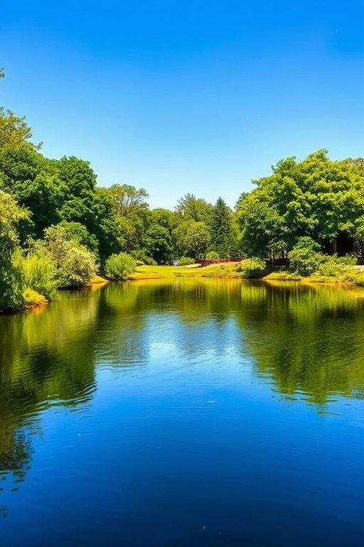 Generate an image of a serene landscape featuring a tranquil lake surrounded by lush green trees under a clear blue sky, captured with a DSLR camera using a 50mm lens, aperture set at f/2.8, ISO 100, with soft lighting and a slightHDR effect for enhanced details.