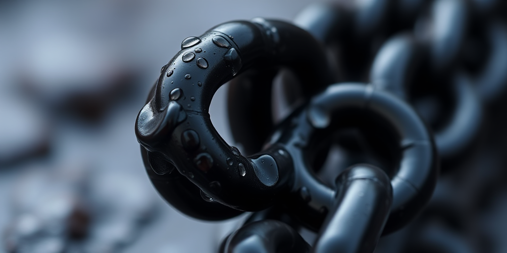 A close-up shot of a wet black chain with water droplets, captured in natural light, using a DSLR camera, f/2.8 aperture, ISO 100, 50mm lens, shallow depth of field for enhanced detail.