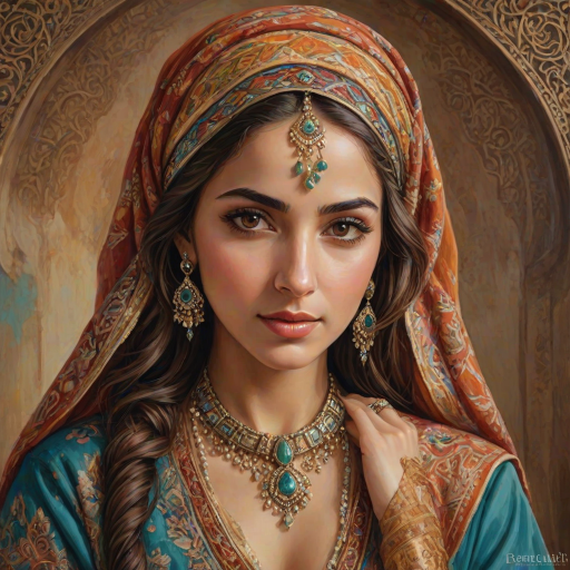 Create a portrait of a beautiful Middle Eastern woman with striking brown eyes and a gentle expression. She is adorned in traditional attire with intricate patterns, including a richly embroidered headscarf and matching garments. Her jewelry includes a delicate headpiece, dangling earrings, and ornate bracelets, all featuring vibrant gemstones and detailed metalwork. The background is soft and warm, enhancing the rich colors of her outfit and jewelry.