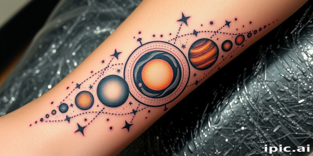Cosmic dotwork tattoo of the solar system wrapping around the wrist, using precise stippling techniques to create gradients and textures for a celestial masterpiece