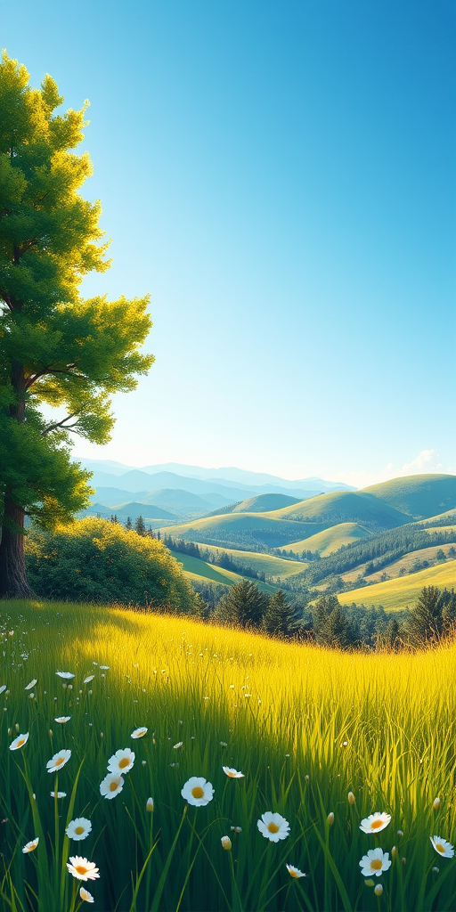 Create a vibrant landscape illustration featuring a large green tree on the left, lush grass with white flowers in the foreground, rolling hills in the background, a clear blue sky, captured with a wide-angle lens, f/8 aperture, ISO 100, at sunrise to enhance colors and depth.