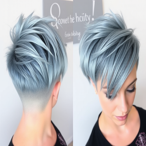 Edgy hair style exhibiting a bold asymmetrical pixie cut with shaved sides and a longer textured top in a striking silver-blue hue