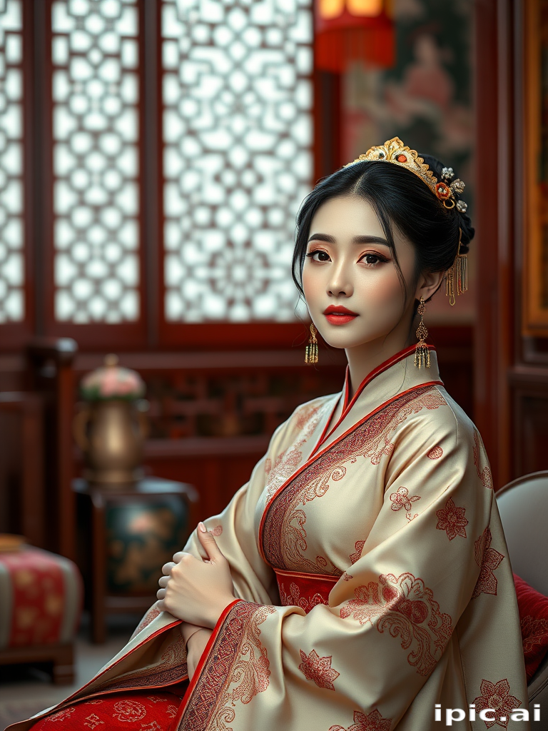 A beautiful woman in traditional East Asian attire, intricately detailed with embroidered patterns, sitting gracefully in a richly decorated room, soft ambient lighting, serene and elegant, ultra-realistic, 8K resolution