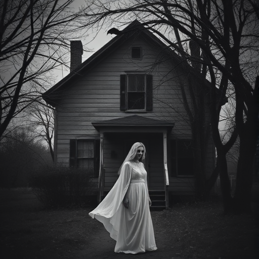 Create an eerie scene featuring a woman in a flowing white dress standing in front of an old, dilapidated house with dark tree branches surrounding it, include a bat flying above her, shot with a Canon EOS R5 at f/2.8, ISO 100, 35mm lens in moody black and white with a shallow depth of field.