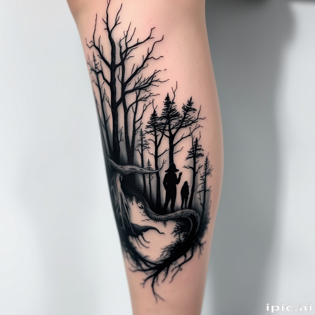 Haunting body tattoo of a ghostly forest scene wrapping around the calf, executed in a unique white-on-black style with ethereal wisps and shadowy figures
