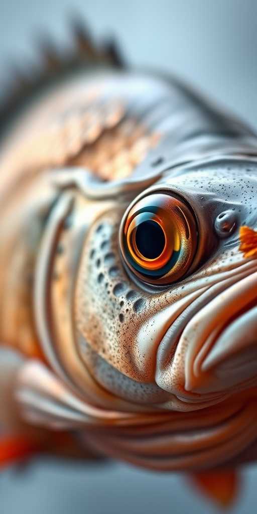 Create a highly detailed illustration of a fish, using a macro lens at f/8 for depth of field, capturing the intricate textures and features of its scales, in a studio setting with soft lighting to enhance shadows and highlights, utilizing a digital camera for crisp clarity.