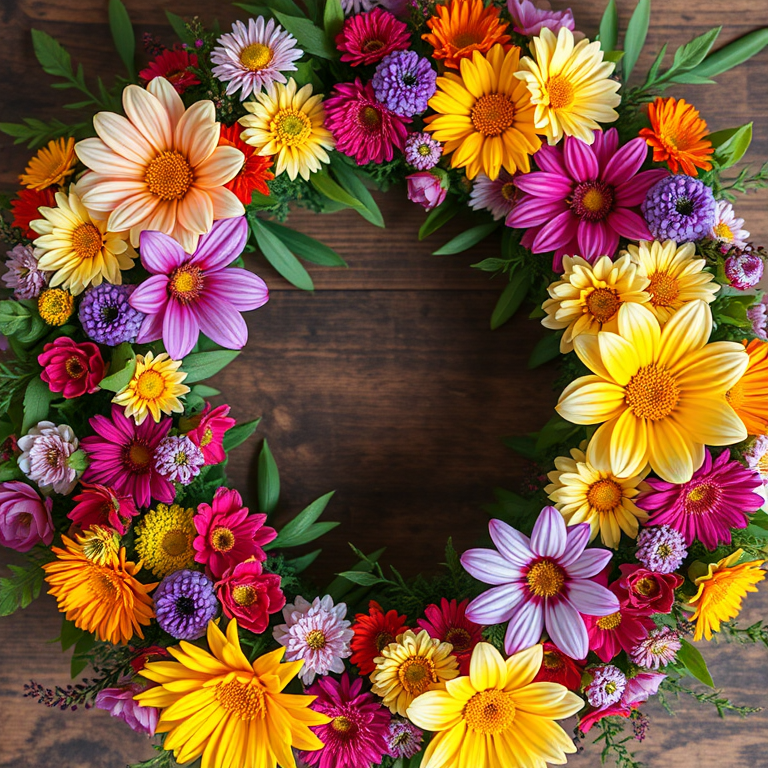 create a vibrant floral wreath with a variety of colorful flowers and green leaves, focus on detailed textures and vibrant colors, taken with a Canon EOS R5, 50mm lens, aperture f/2.8, shutter speed 1/200s, ISO 100, natural soft lighting, top-down view