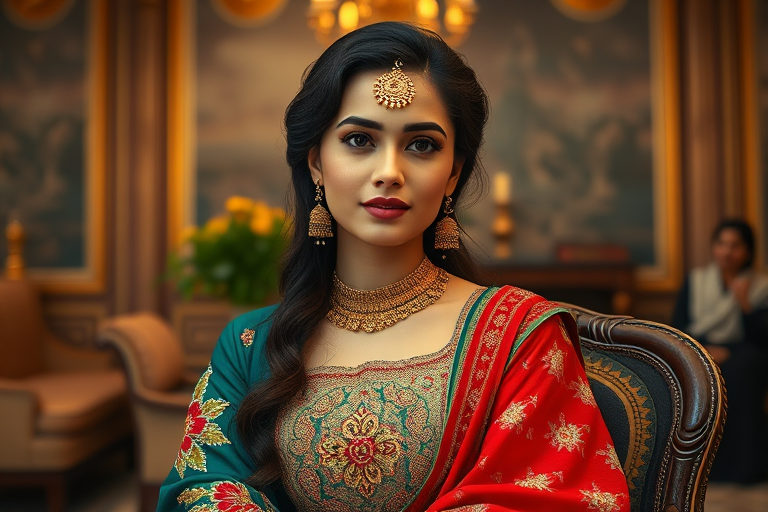 A beautiful Pakistani woman in traditional East Asian attire, intricately detailed with embroidered patterns, sitting gracefully in a richly decorated room, soft ambient lighting, serene and elegant, ultra-realistic, 8K resolution