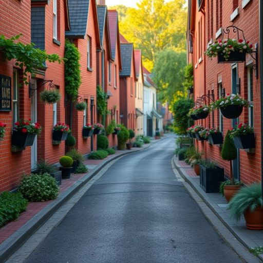 Generate an image of a scenic street lined with charming red-brick houses featuring flower boxes and greenery, captured in golden hour lighting; use a DSLR camera with a 50mm lens, aperture f/1.8, ISO 100, and a wide-angle view for enhanced depth and detail.
