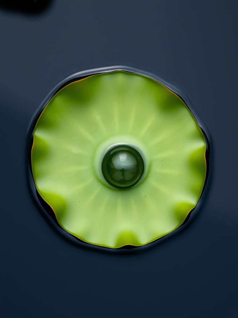 photograph a single lily pad floating on still water with a drop of water on top, use macro lens at f/2.8 for shallow depth of field, ISO 100, shutter speed 1/200s, natural light, top-down view, high-resolution image