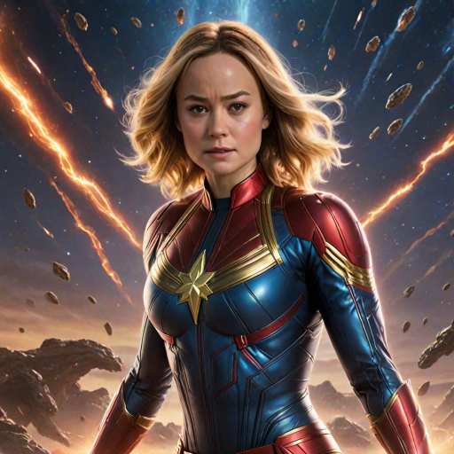 Powerful image of Brie Larson, Captain Marvel's cosmic hero, with her determined expression and glowing fists, soaring through a star-filled galaxy, leaving a trail of energy in her wake as she battles alien spaceships