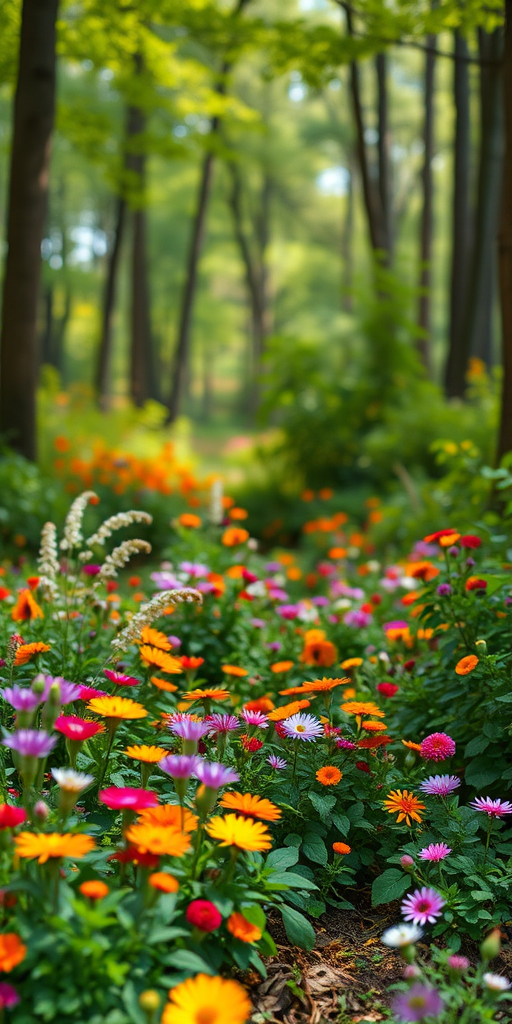 Create a vibrant forest scene filled with colorful flowers and lush greenery, soft focus, f/2.8 aperture, 24mm lens, ISO 200, daylight natural lighting, captured with a DSLR camera.