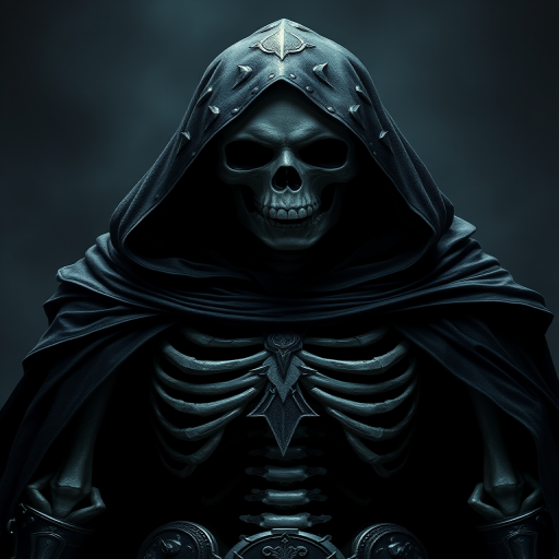 Create a highly detailed digital illustration of a mysterious skeletal figure in a dark cloak, showcasing intricate armor details, with dramatic chiaroscuro lighting, using a Canon EOS R5 Camera, 85mm lens, f/1.8, ISO 100, aperture priority mode, in a cinematic perspective.