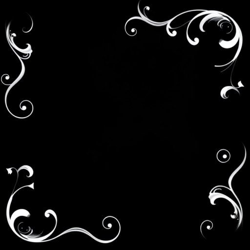 Create a black background with intricate white swirls and curls in the corners, high resolution, ISO 100, f/2.8 aperture, 50mm lens, using a DSLR camera with a shallow depth of field for enhanced clarity and detail.
