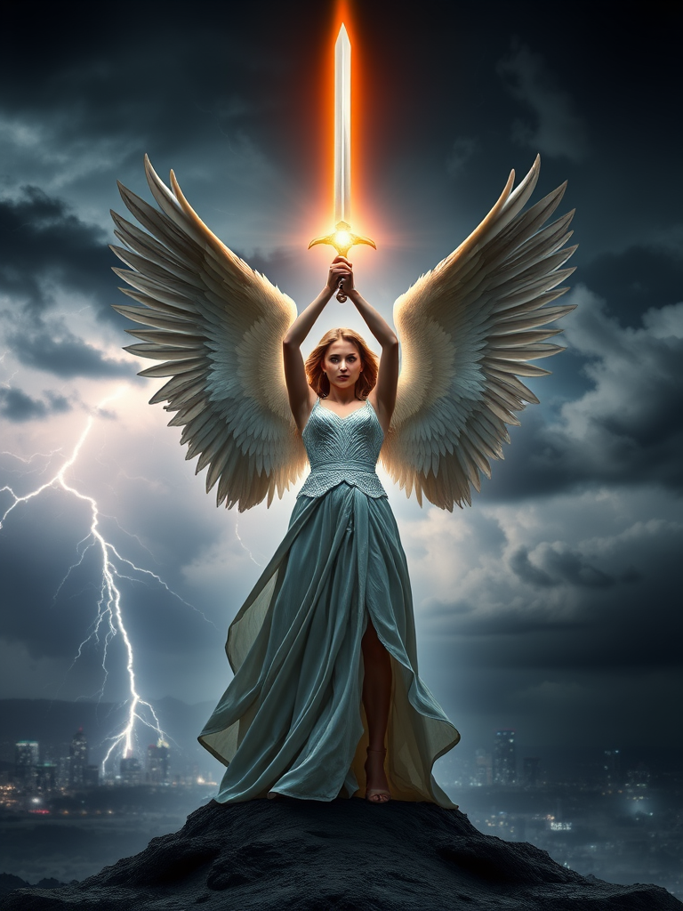 Create a high-resolution image of a powerful angelic figure with large wings, holding a radiant sword above her head, standing amidst a stormy, ominous sky with flashes of lightning and a city skyline in the background, using a DSLR camera, f/2.8 aperture, 24mm lens, ISO 100, and a long exposure to capture dynamic lighting and details.
