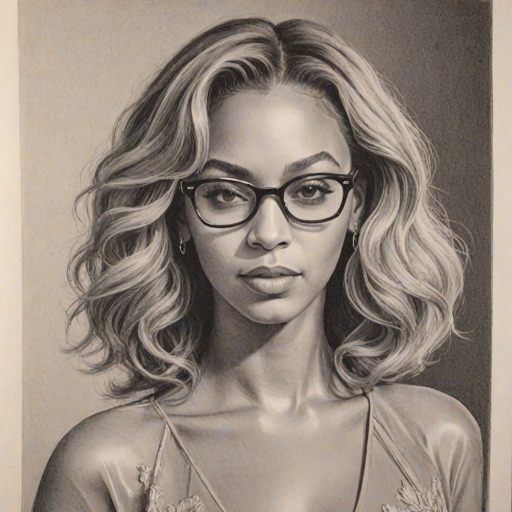 Lovely Beyonce, pencil sketch, portrait of Captivating woman 1959s in glasses, hair style beatnik, outline, clear lines, fine lines, 8k