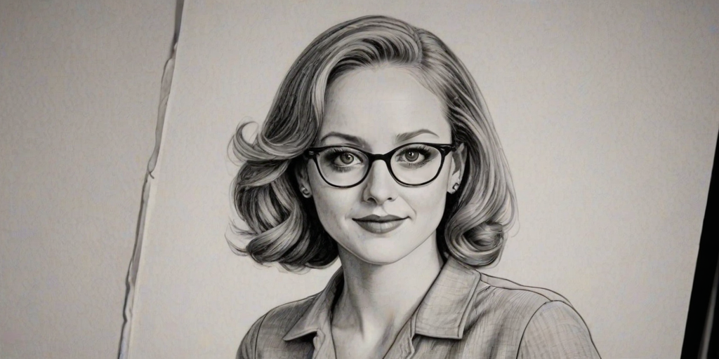 Gorgeous Jayma Mays, pencil sketch, portrait of Gorgeous woman 1937s in glasses, hair style beatnik, outline, clear lines, fine lines, 8k