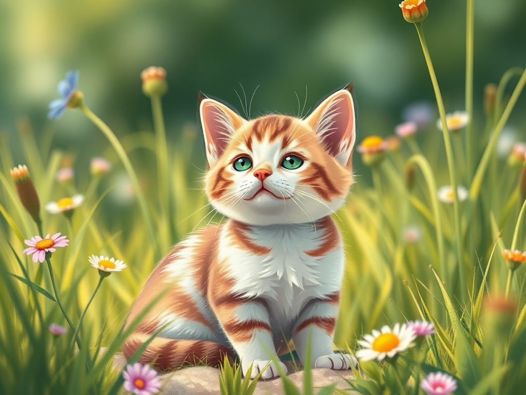 Create a detailed, high-resolution illustration of a cute cat sitting in a natural setting with grass and flowers, using a DSLR camera with a 50mm lens, aperture f/4, ISO 200, and soft natural light to enhance the textures and details.