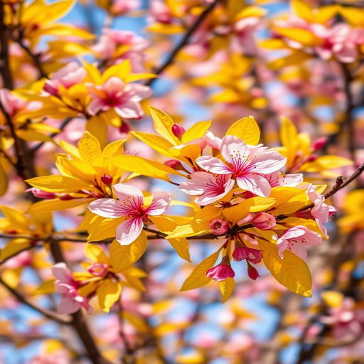 Create a vibrant digital illustration of a flowering tree with bright yellow leaves and pink blossoms, captured in a high-resolution close-up style, using a DSLR camera with a 50mm lens, f/2.8 aperture, ISO 100, and soft natural lighting to enhance the colors and details.