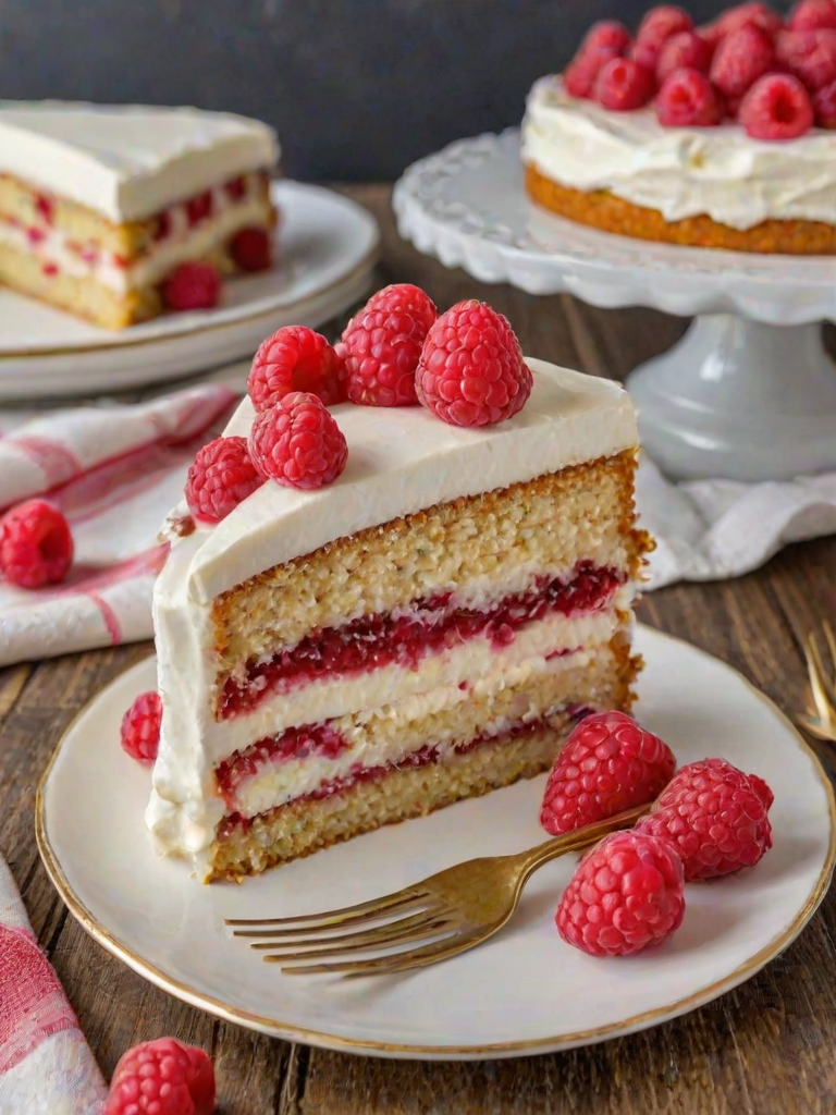 Generate an image of a slice of layered cake on a decorative plate. The cake has a white frosting with raspberry filling visible in the layers. Surrounding the cake slice are fresh raspberries, and a golden fork rests beside it. In the background, there is a whole cake that has a smooth finish and is garnished with raspberries on top. The setting is bright and inviting, emphasizing the dessert.