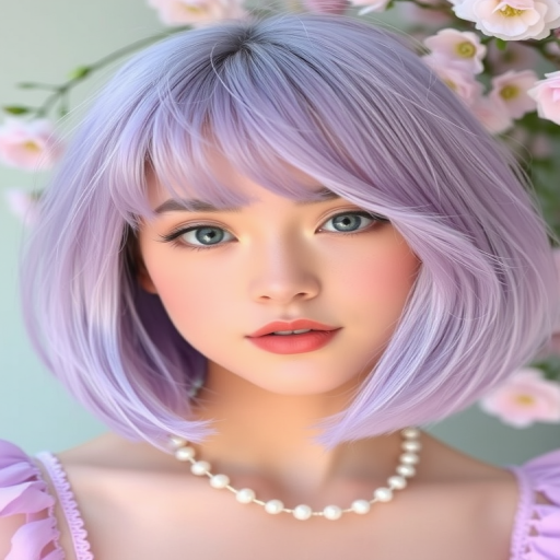 Pastel lavender bob with soft wispy bangs frames her face, accented by delicate pearl-like beads woven throughout, giving an ethereal and dreamy appearance reminiscent of a blooming garden.