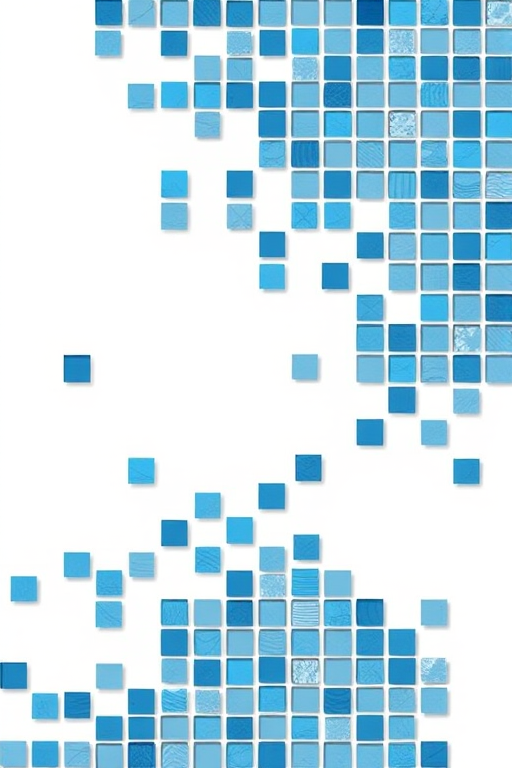 Generate an abstract design featuring a mosaic of blue and gray squares on a white background, using a high-resolution camera with a 50mm lens, f/2.8 aperture, ISO 100, and a soft focus style to enhance image quality.